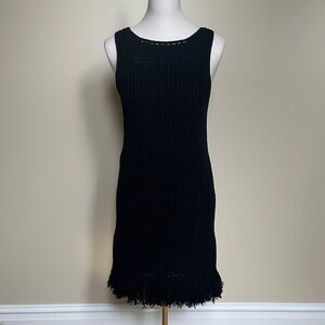 Minnie Rose Black Knit Fringe Hem Sleeveless Mini Dress • 100% Cotton • Size M
